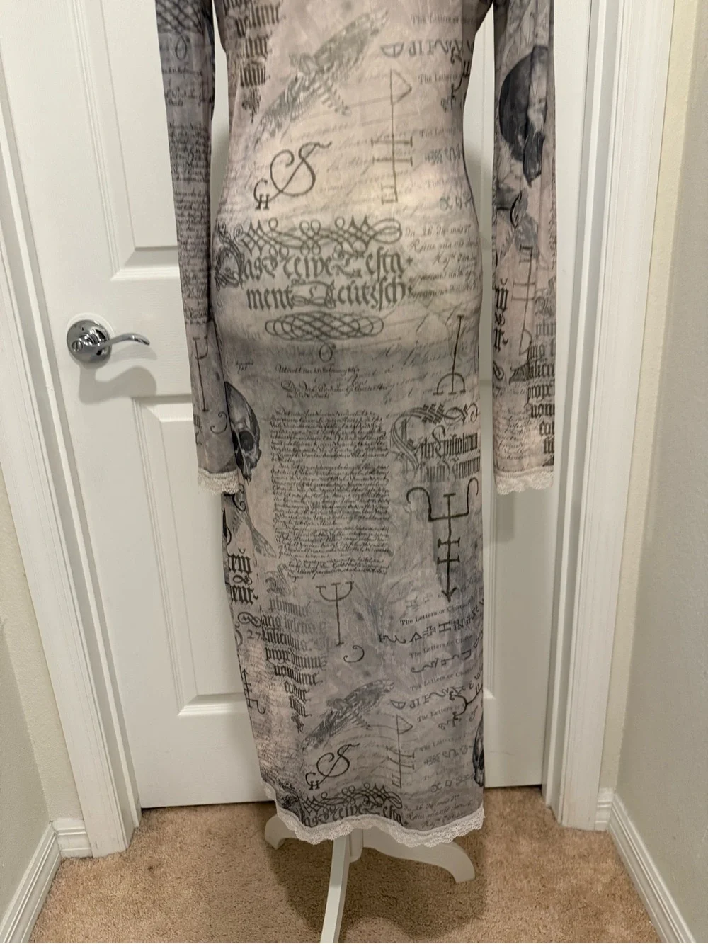 Gray Script & Skull Long Sleeve Sheer Maxi Dress - Picture 7 of 11